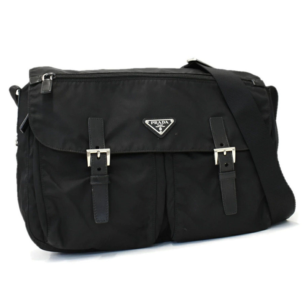 Prada Shoulder Bag Messenger Triangle Plate Leather Black